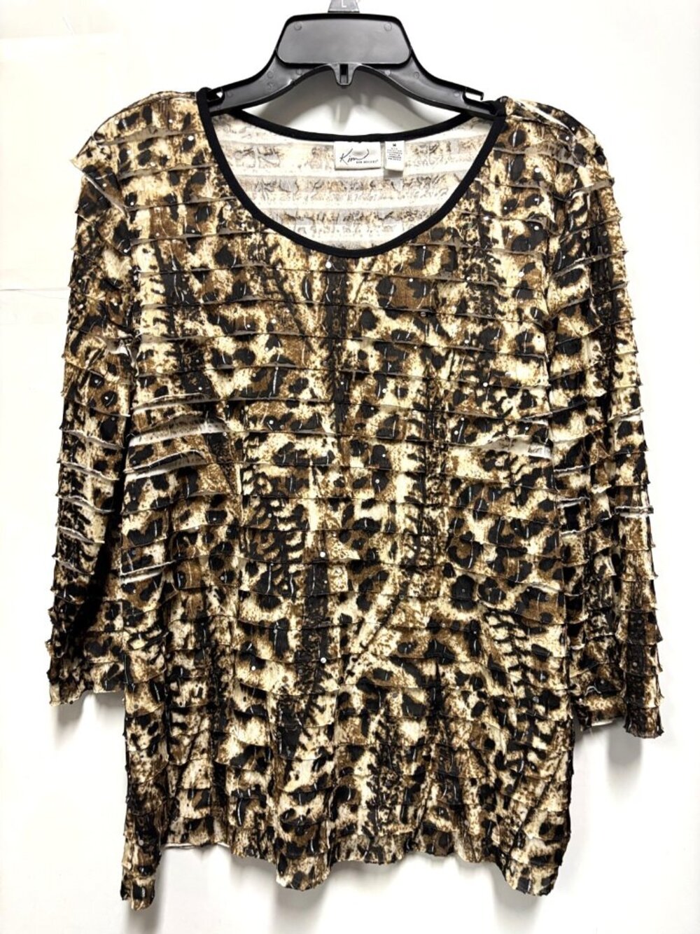 Kim Rogers Animal Print Top Ruffled 3/4 Sleeves Sequins Medium